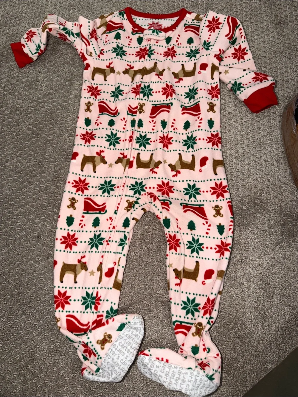 Carter's Pink Holiday Reindeer & Snowflake Footed One-Piece